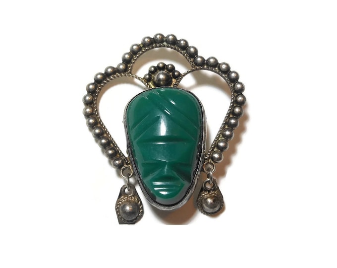 FREE SHIPPING Mexican Face Mask Brooch, Mayan Aztec Brooch, sterling silver, most likely the stone is 'Mexican' Jade or dyed onyx