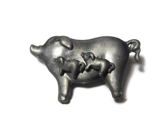 Pig and piglets brooch earrings, pewter pig pin with baby pigs on her back that remove and are earrings!