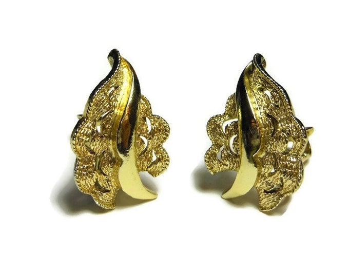 FREE SHIPPING Coro leaf earrings textured leaf with cut outs, clip-on in gold tone