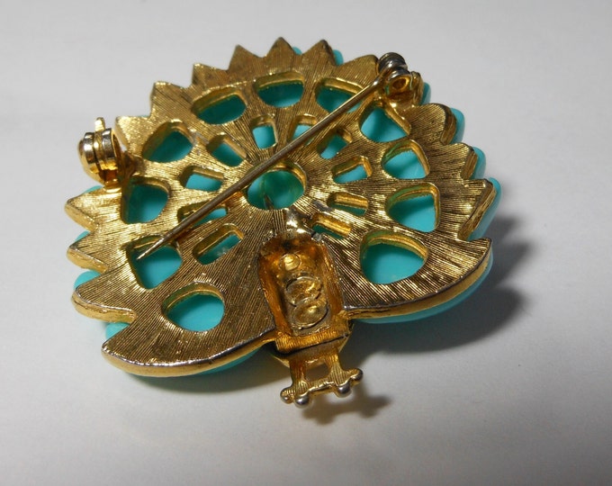FREE SHIPPING Peacock interchangeable brooch, two looks in one, two colors can grace the back of the gold tone peacock, turquoise or black