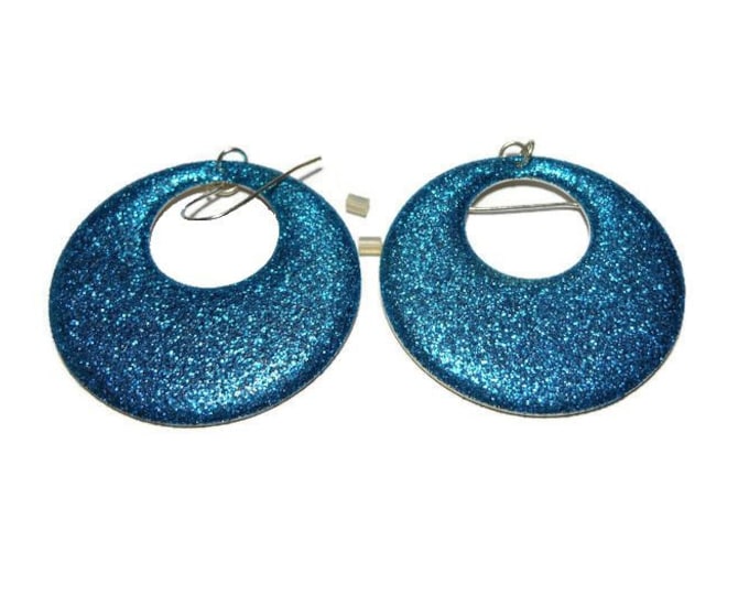 Glitter earrings on original card, 1980s Claire's blue glitter hoop earrings, large mod french hook earrings, Claire's Sensitive Solutions