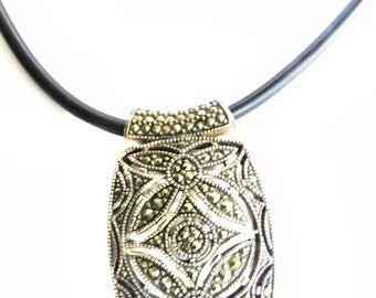 1920s Art Deco Sterling Silver Marcasite Pendant Necklace