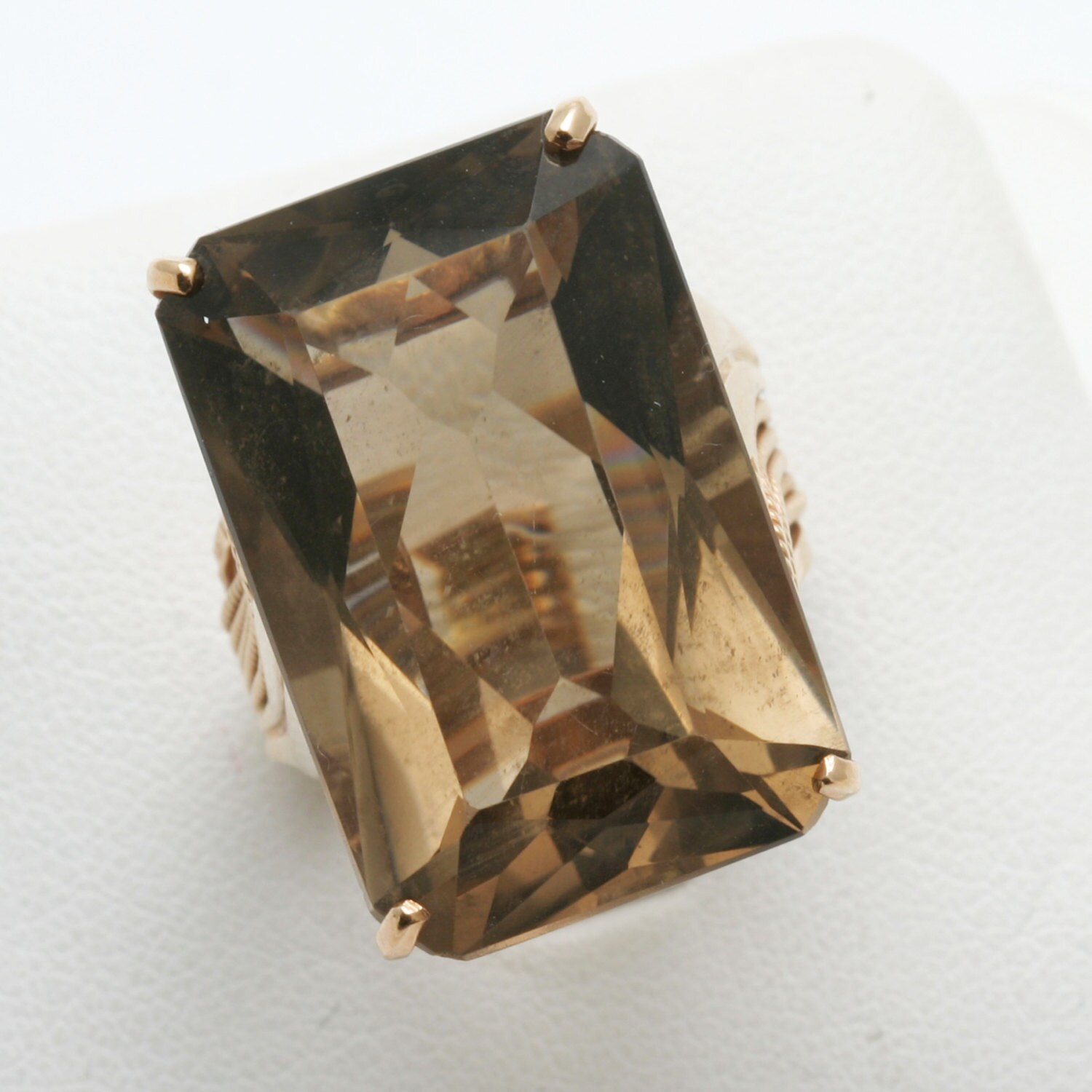 Estate 14k rose gold smokey Topaz ring 30 carat Emerald Cut