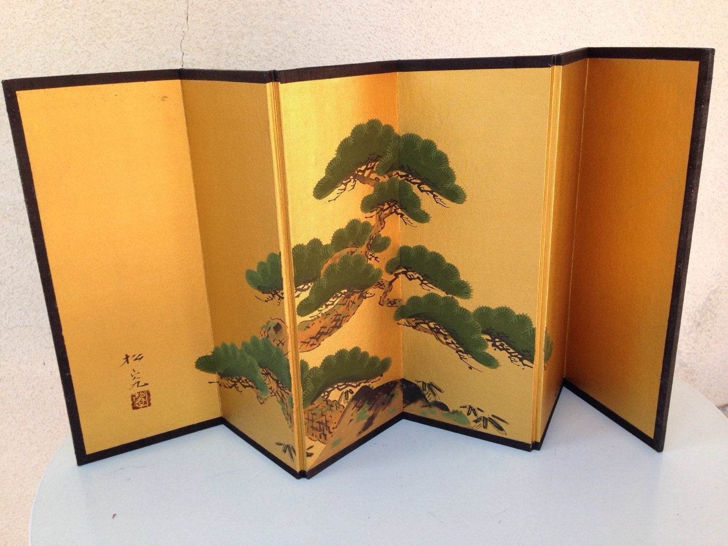 Vintage mini Japanese gold green silk paper screen by NelandAda