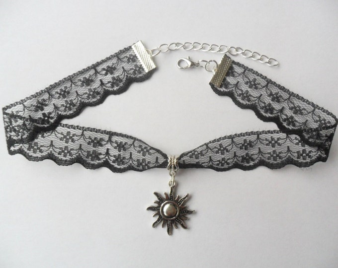 Black lace choker necklace with silver tone sun fire pendant , Leon, Mathilda, Natalie Portman Ribbon Choker Necklace