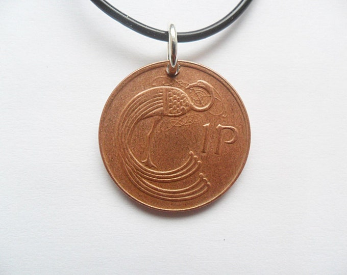 2000 Irish coin necklace old 1p penny, peacock pendant, year 2000