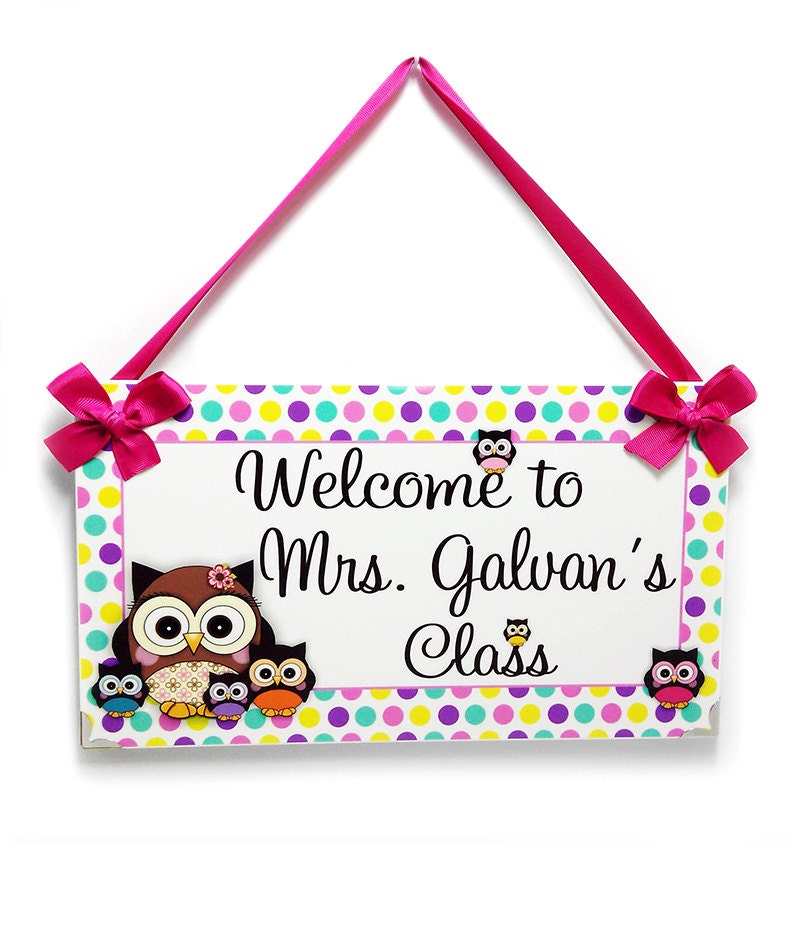 personalized welcome to class teacher door sign owls themed