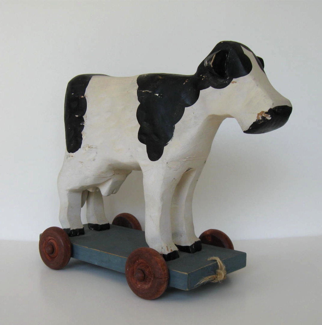 SALE Large Vintage Wooden Cow pull toy Primitive Folk Art