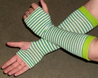 Green Striped Cute Fingerless Glove Arm Warmers
