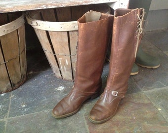 Antique Chestnut Brown Leather Equestrian Riding Boots Size 7 7,5 US