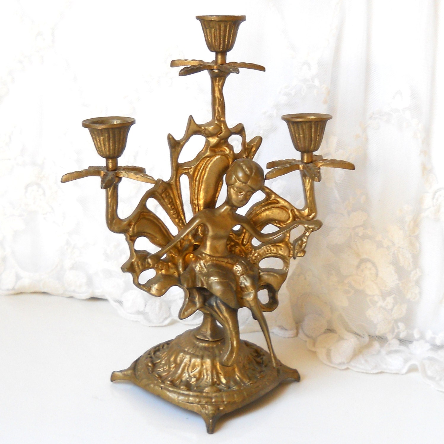 Vintage French Brass Candelabra Candle Holder Brass Three Arm