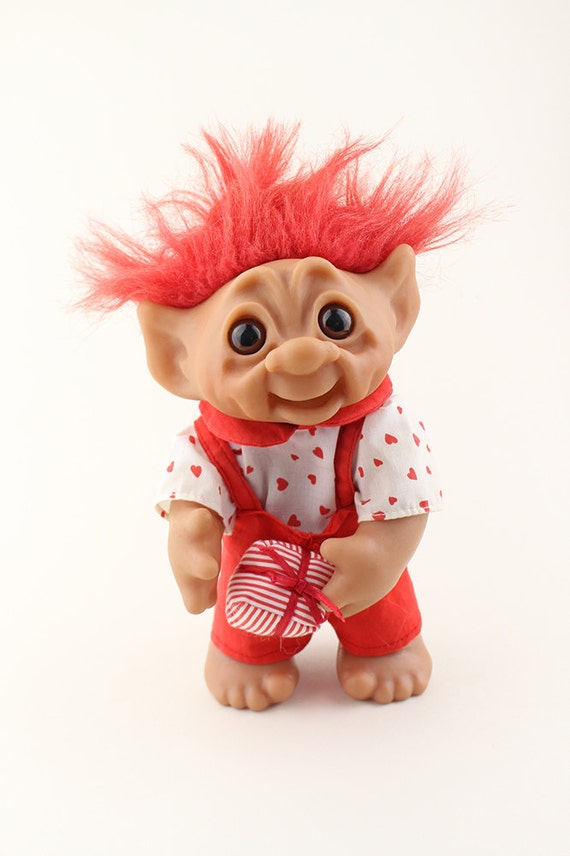 1970s Dam Red Hair Troll Doll Red And White Heart Outfit