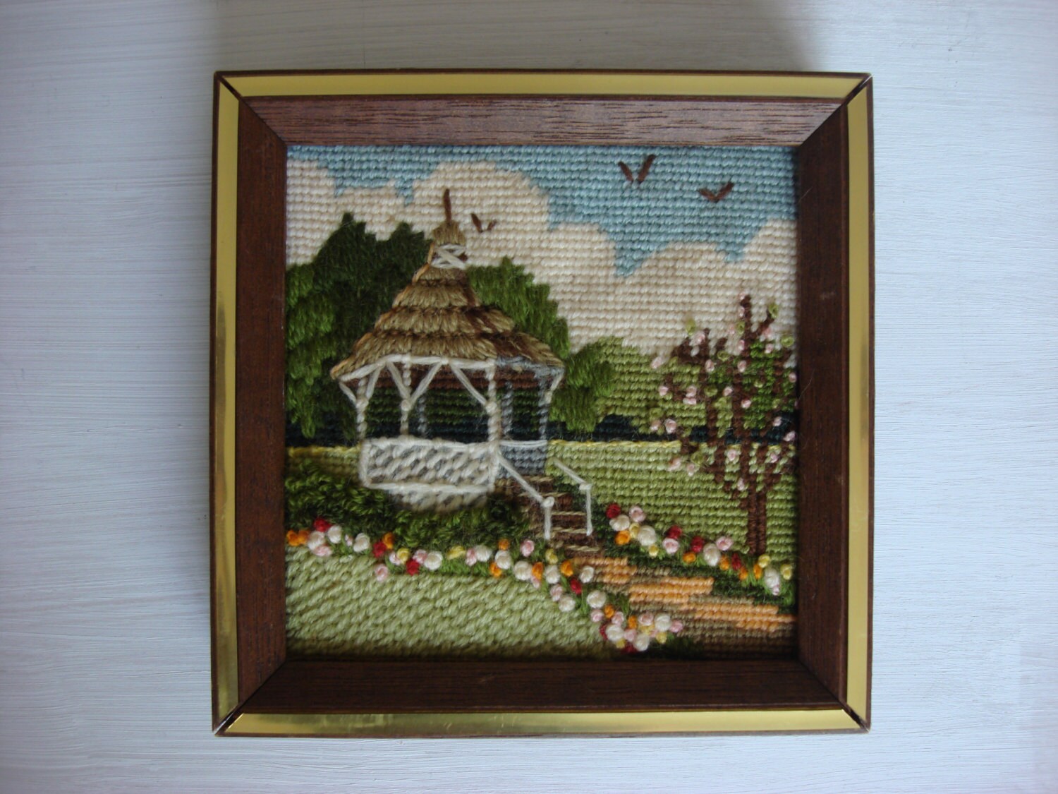 Vintage Gazebo Framed Garden Needlepoint Art Wall by fleurzart