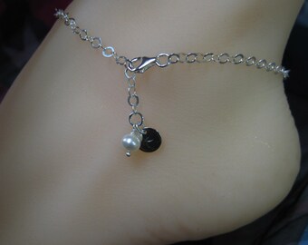 Sterling Silver Anklet-Fresh Water Pearl Anklet, Initial Charm Anklet-Personalized Charm Anklet - June Birthstone