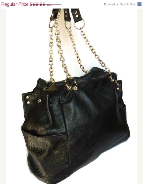 ON SALE Black gold tote leather purse large shoulder by Fgalaze