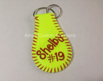 FREE SHIPPING, Softball Key Chain, Softball Keychain, Keychain, Key Chain, Softball, Leather Keychain, Leather Key Chain, Baseball Keychain