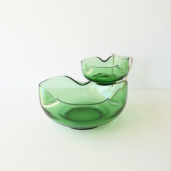 Vintage Green Glass Chip and Dip Bowls