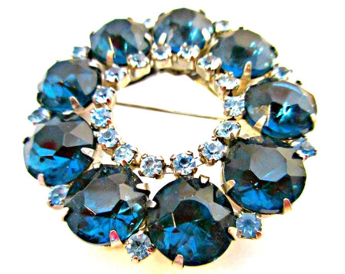 Blue Rhinestone Wreath Brooch - mid century - light and dark blue Crystal Round pin