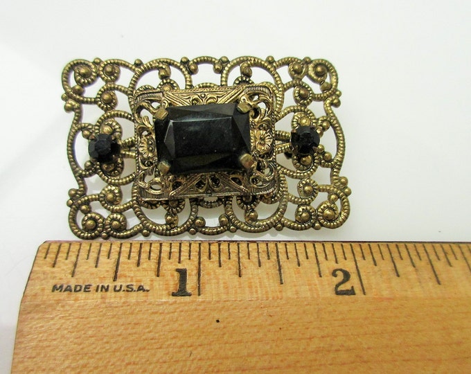 Black Glass Brass Brooch rectangle gold filigree mourning pin