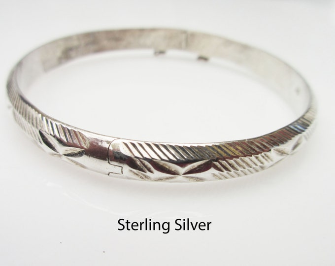 Sterling Silver Bracelet Hinge Bangle etched floral design safety chain