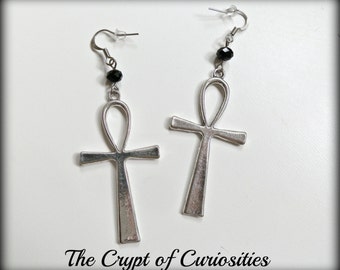 Black glass crystal ankh earrings