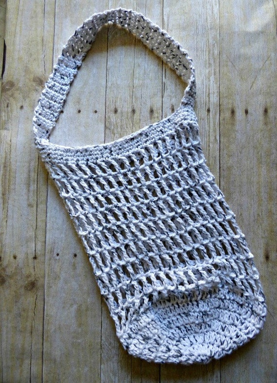 Crochet Mesh Medium Market Bag - White with Black Color - Beach Bag