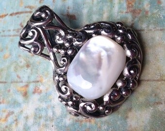 Vintage Sterling Silver Mother of Pearl Pendant 40mm