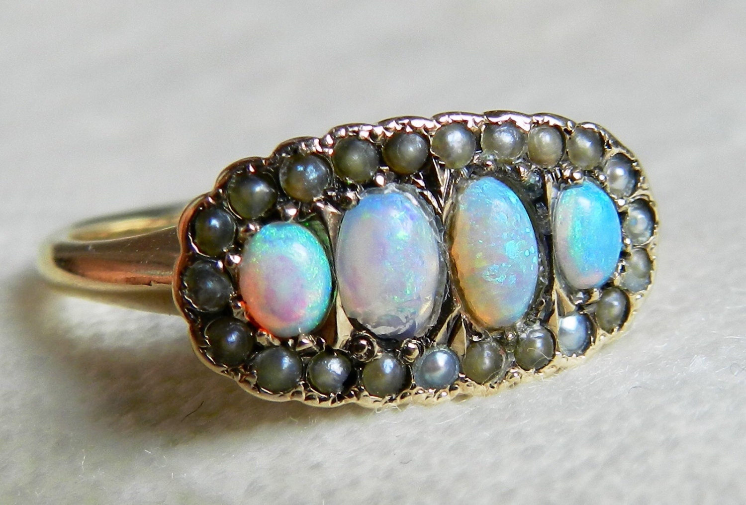 Opal Engagement Ring Australian Blue Opal Seed Pearl Ring