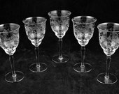 Set of Five Vintage Crystal Stemware Water or Wine Goblets Etched Glass Flower Leaf Design Delicate Pattern Wedding Dinner Anniversary
