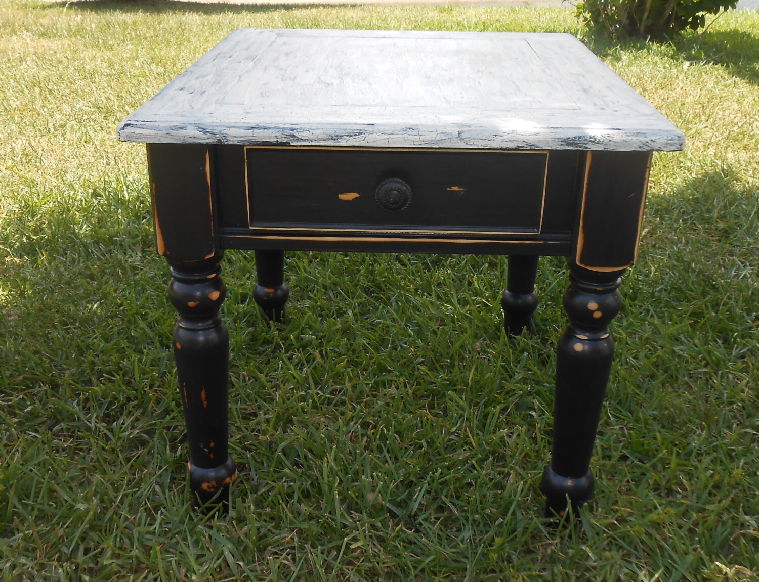 Black Wood End Table with Drawer Distressed Black by AtticJoys1