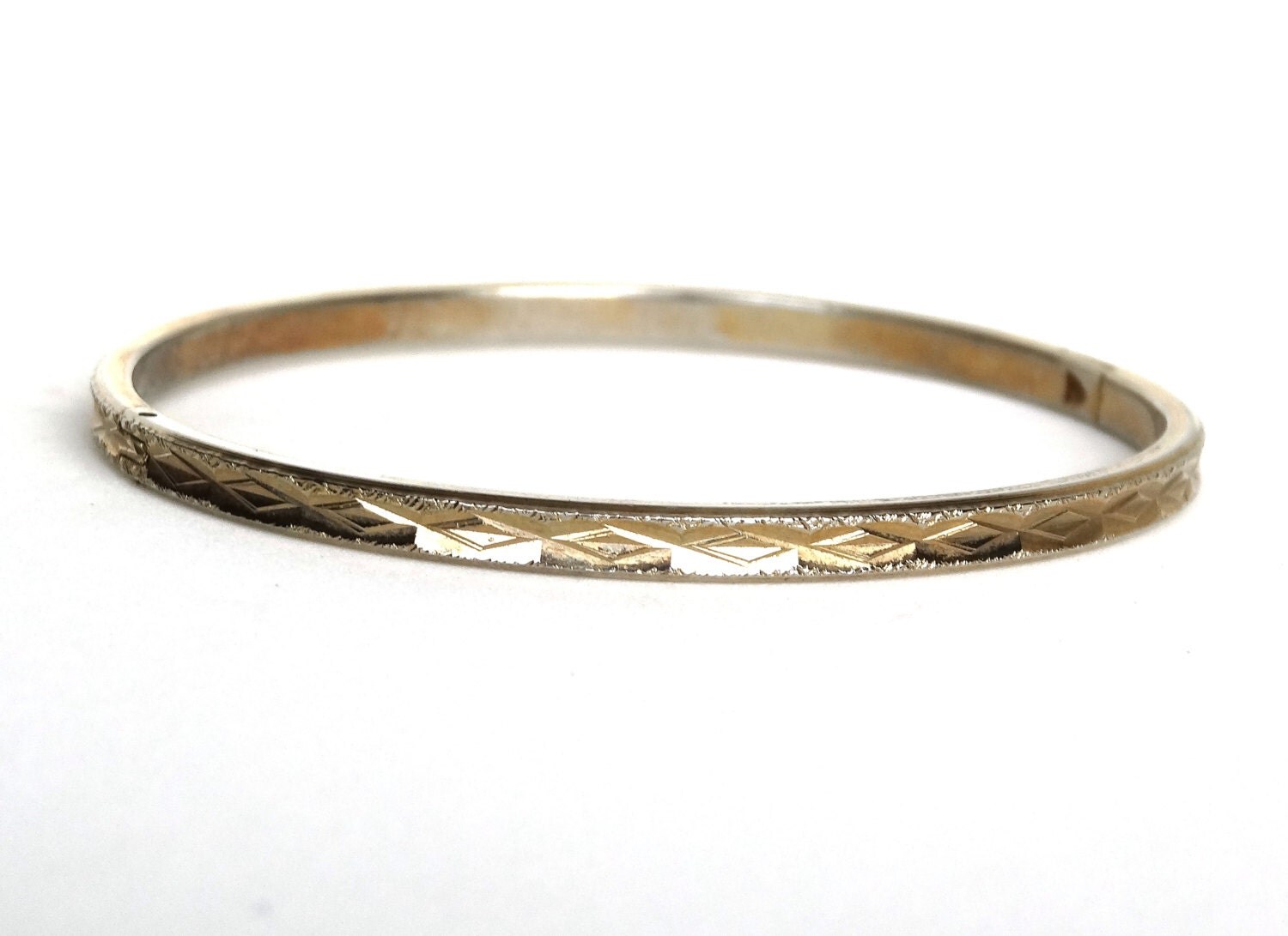 Vintage Childs Gold Bangle Bracelet Etched Diamond Design