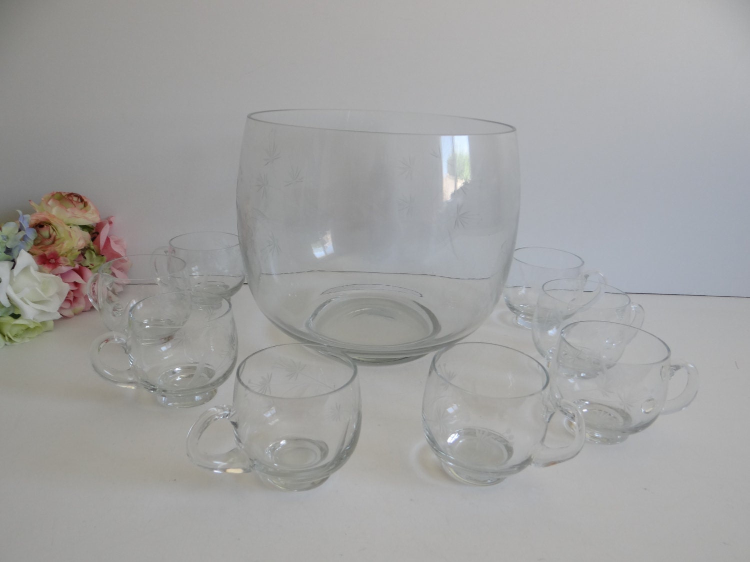 Lovely Clear Cut Glass Punch Bowl Set with 8 Punch Cups with a