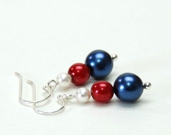 Red White and Blue Stacked Pearl Earrings - Handmade Red White and Blue Jewelry - 4th of July Jewelry