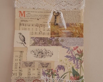 Collage wall hanging 'Paradise' using vintage papers hung from old needle OOAK