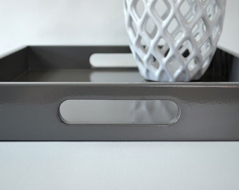 Charcoal Grey Lacquered Serving Tray, Ottoman Tray, 16 x 16 Wood Coffee Table Tray