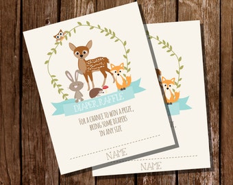 Woodland Baby Shower Diaper Raffle Cards in Teal Blue for a Boy - Teal Baby Shower- Instant Download and Edit File at home with Adobe Reader