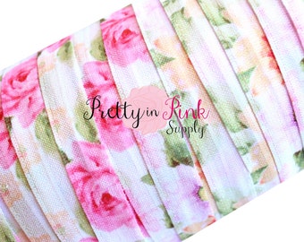 Pastel Rose Garden- Fold Over Elastic- FOE- You Choose Yards- Foldover Print Elastic- Elastic by the Yard- 5/8" Fold Over Elastic