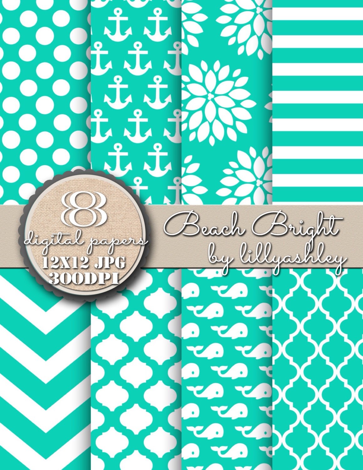 Digital Paper Pack of 8 Beach Bright12x12