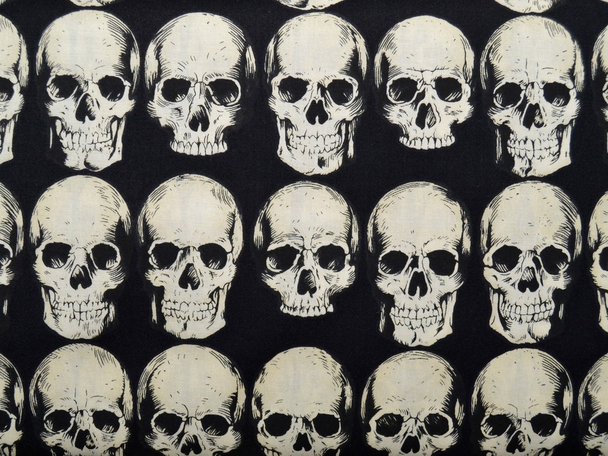Realistic Anatomical Skulls Light Cream on Black, Halloween Fabric, Rad Skulls Black by Alexander Henry Fabric steampunk buy now online