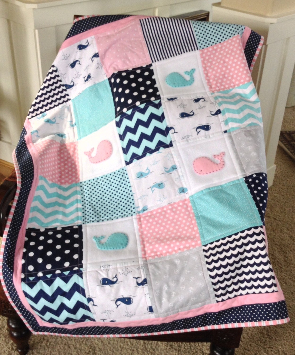 Baby Whale Quilt in Pink Navy and Aqua by Lovesewnseams on Etsy