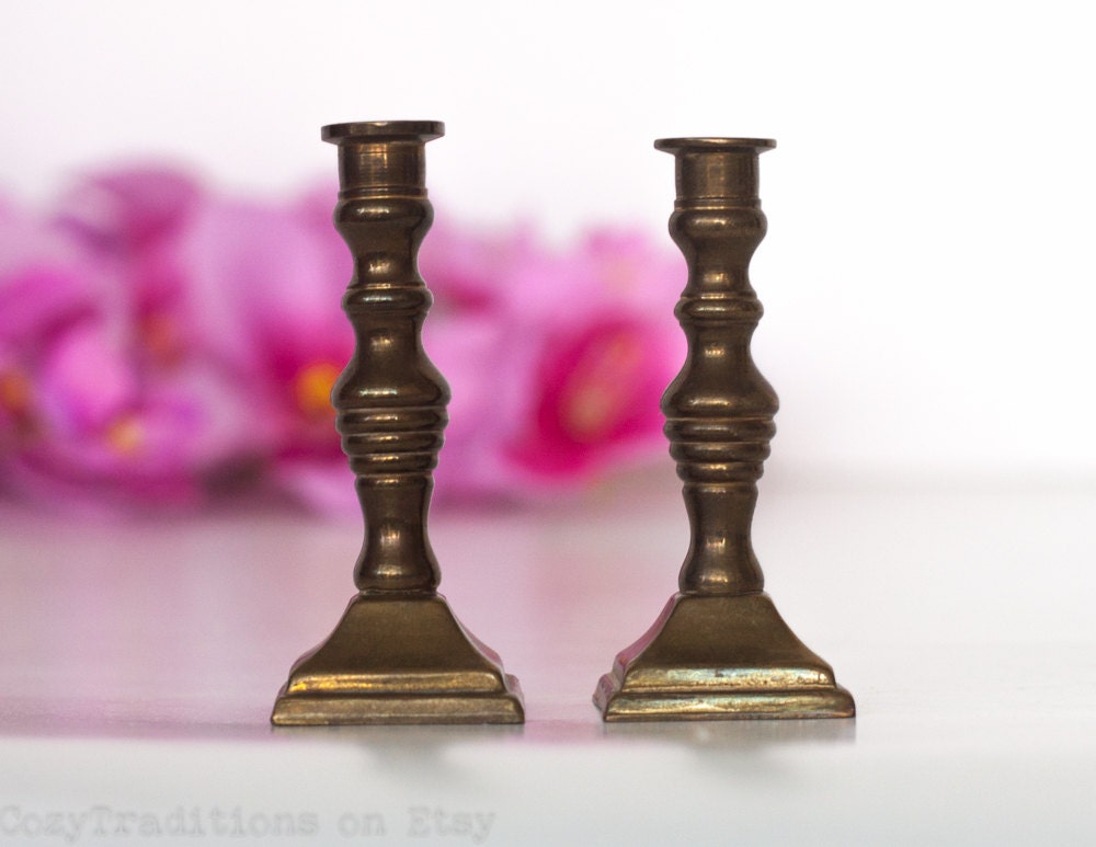 Tiny Candle Holders Miniature Brass Candlesticks by CozyTraditions