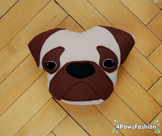 Frank The Pug. Throw Pillow.Fawn Soft Pug Plush by 4PawsFashion