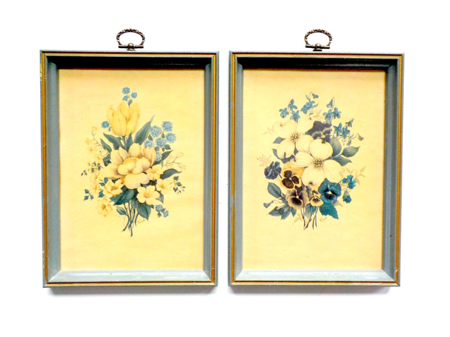 Pair of Framed Floral Prints Flowers with Blue Frames Pair