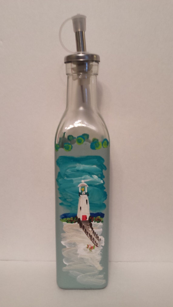Hand Painted Lighthouse on Glass Bottle by GinnysGlassware on Etsy
