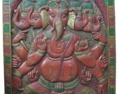 Ganesha India Sculpture Panel Hindu God Five Faced Ganesh Panels RED Patina 48x36