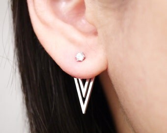 Silver Triangle Ear Jacket Earrings, Two Side Earrings, Ear Jackets