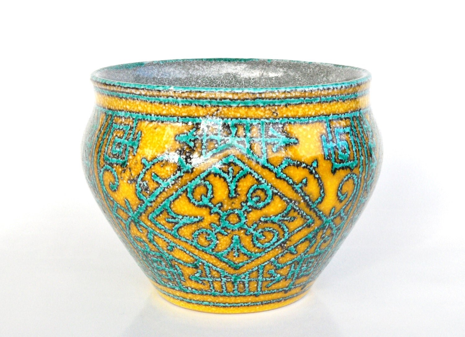 Teal pottery planter yellow plant pot Italian Fratelli