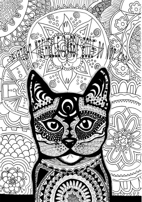 Kitty Cat Mandala Instant Download Colouring Page