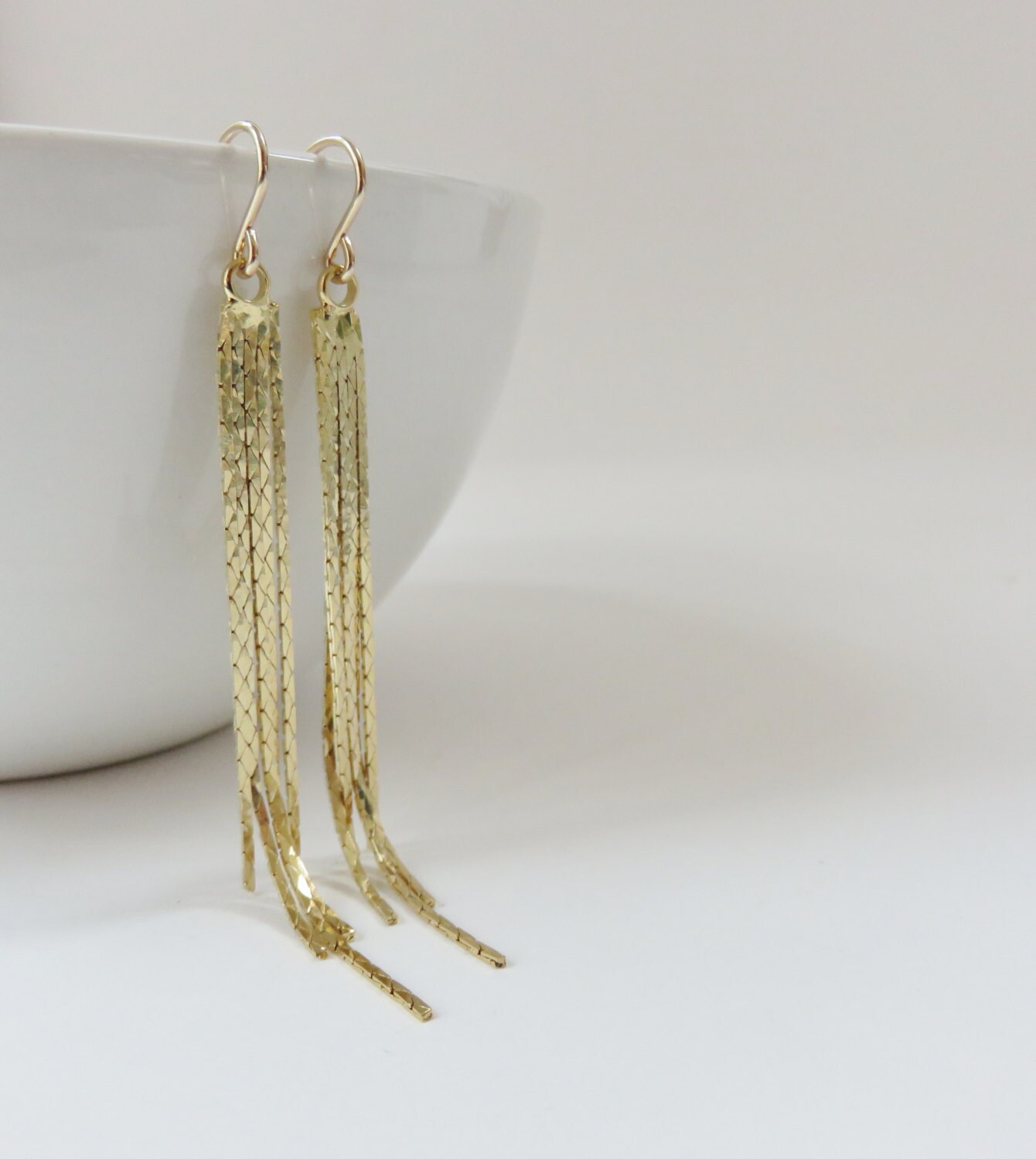 Long Gold Tassel Earrings graduated 5 strand tapered gold