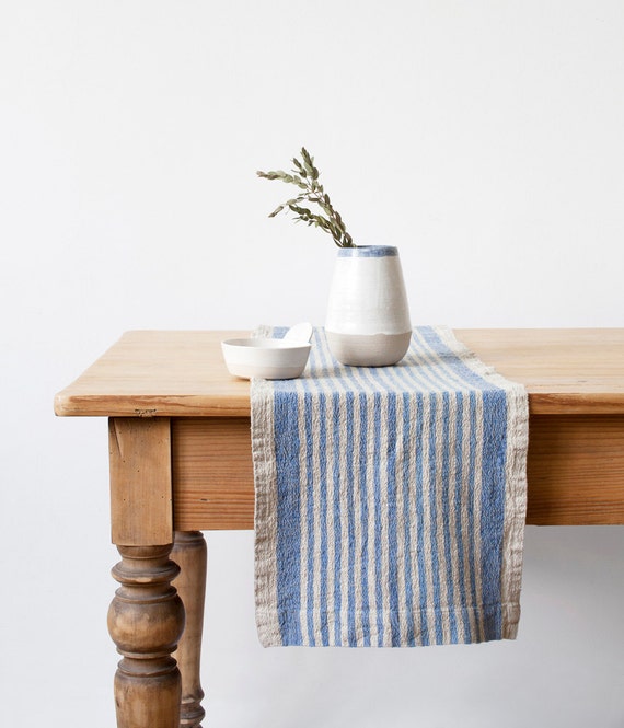 Linen Rustic Table Runner With Blue Stripes by LinenTales on Etsy